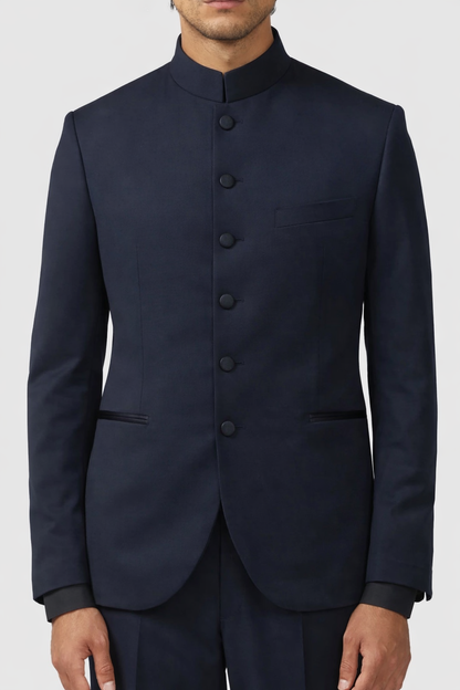 Midnight Navy Blue Bandhgala Suit for Men – Premium Wedding & Reception Indo-Western