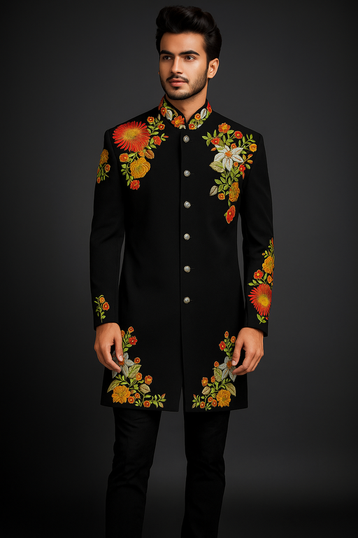 Black Floral Embroidered Sherwani for Grooms