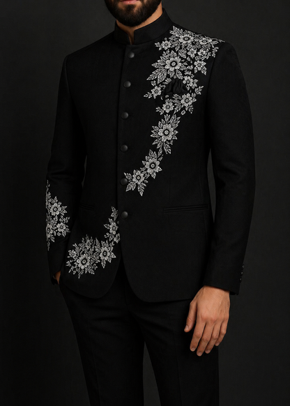 Midnight Black Embroidered Bandhgala Set for Men | Premium Floral Wedding & Reception Wear by Ihtifal