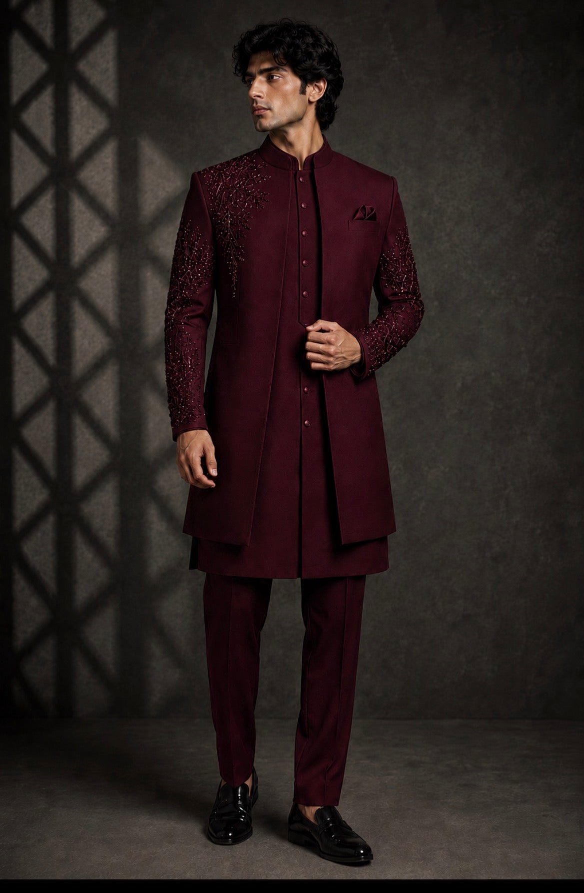Royal Maroon Embroidered Indo Western for Men