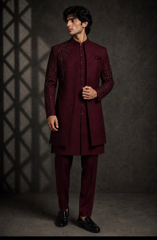 Royal Maroon Embroidered Indo Western for Men