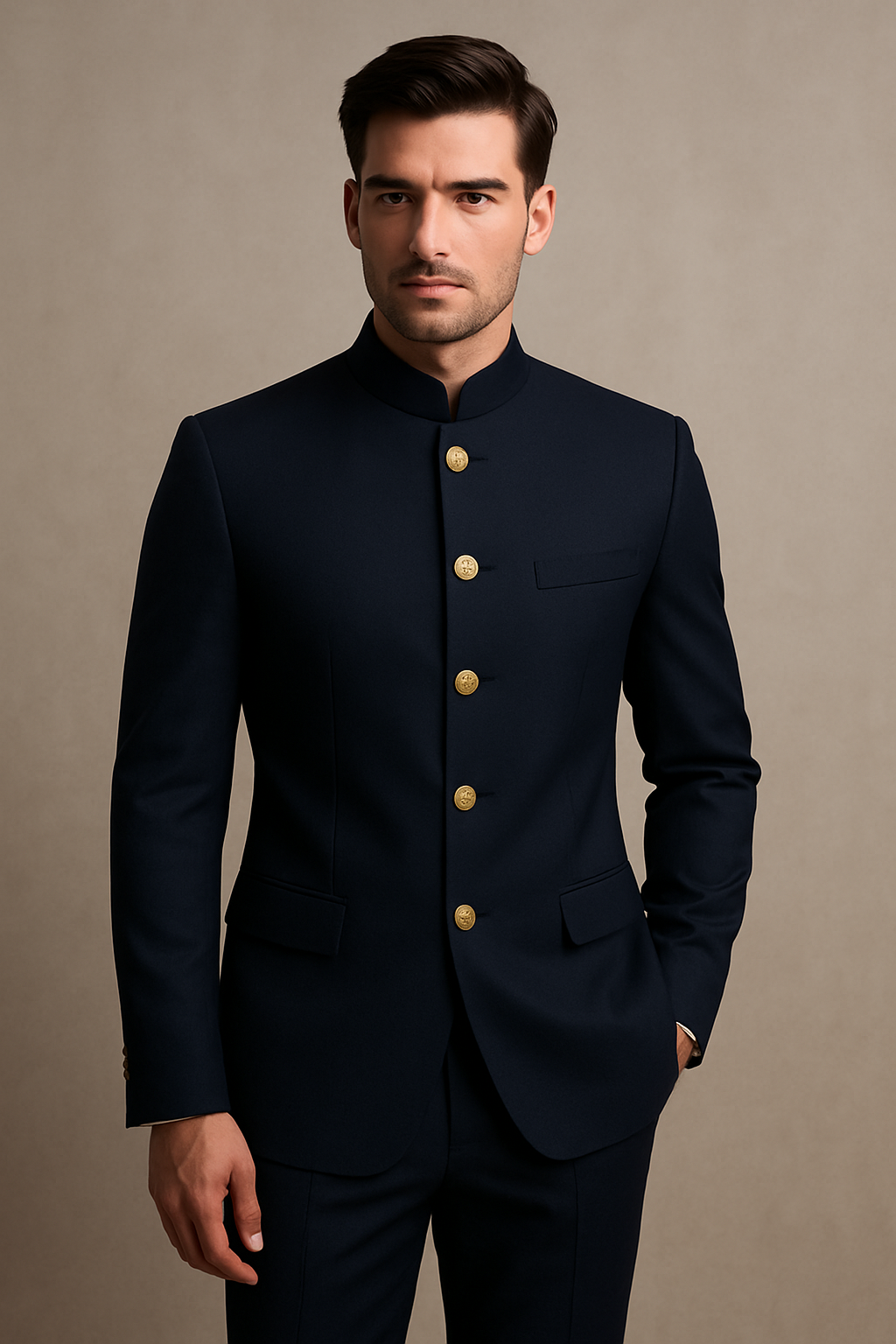 Ihtifal Premium Navy Blue Bandhgala for Men | Regal Gold Buttons | Wedding & Festive Wear