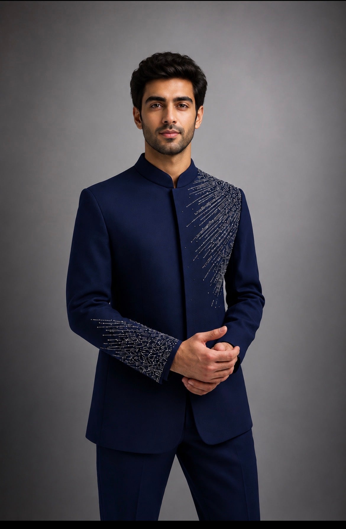 Navy Blue Embroidered Bandhgala Suit for Men | Designer Wedding & Party Wear