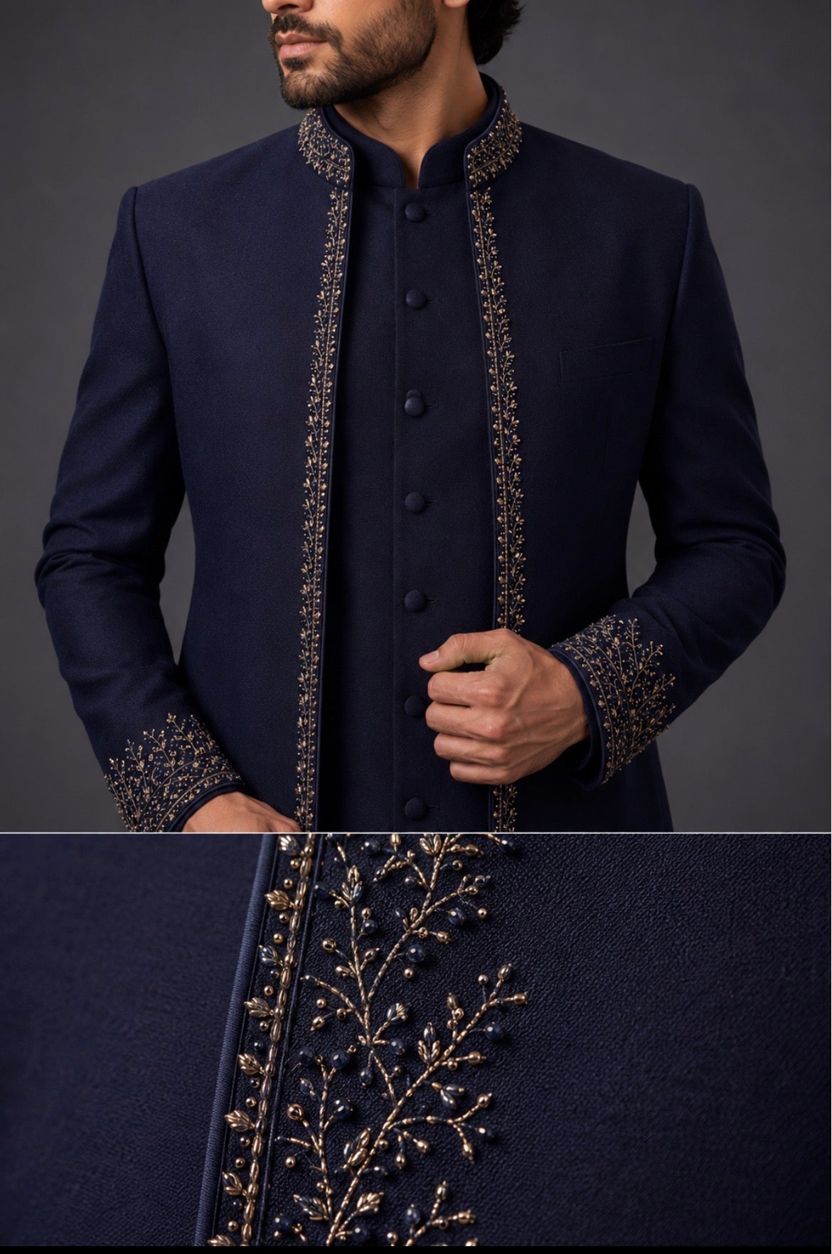 Navy Blue Embroidered Indo Western for Men | Designer Wedding & Groom Sherwani