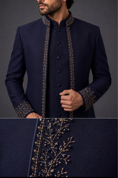Navy Blue Embroidered Indo Western for Men | Designer Wedding & Groom Sherwani