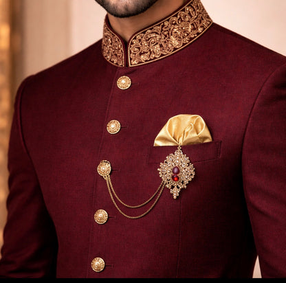 Royal Maroon Embroidered Sherwani for Men – Premium Wedding & Groom Wear with Gold Collar Detailing