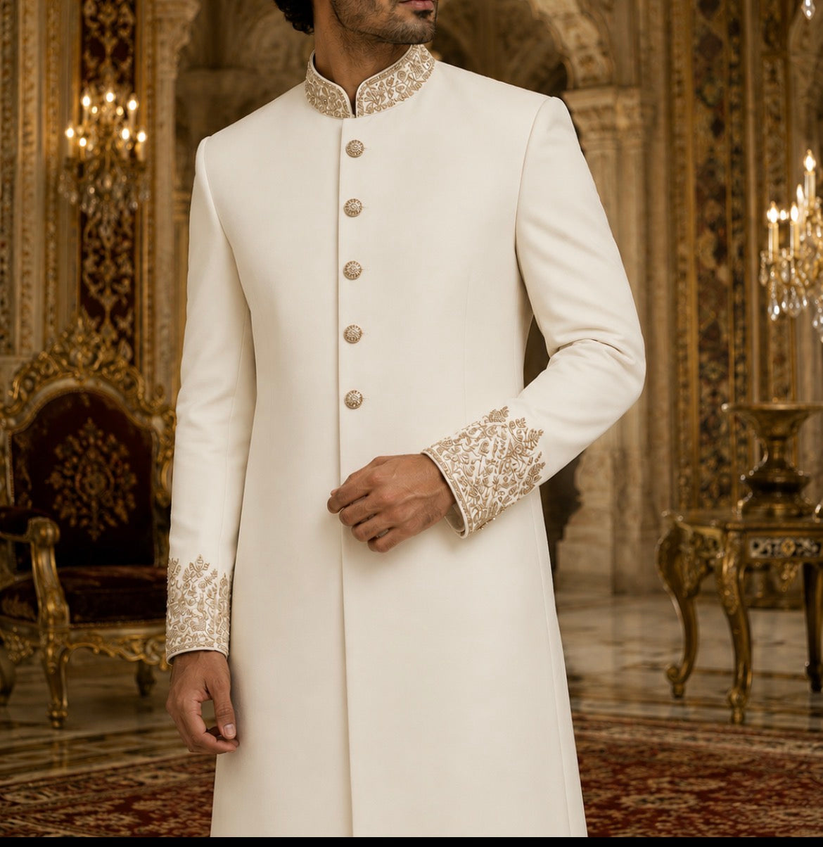 Ivory White Embroidered Sherwani for Men | Premium Wedding & Groom Sherwani with Handcrafted Collar & Sleeve Embroidery | Ihtifal