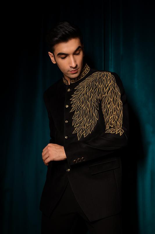 Black Bandhgala with Gold Wing Embroidery – Designer Men’s Ethnic Jacket