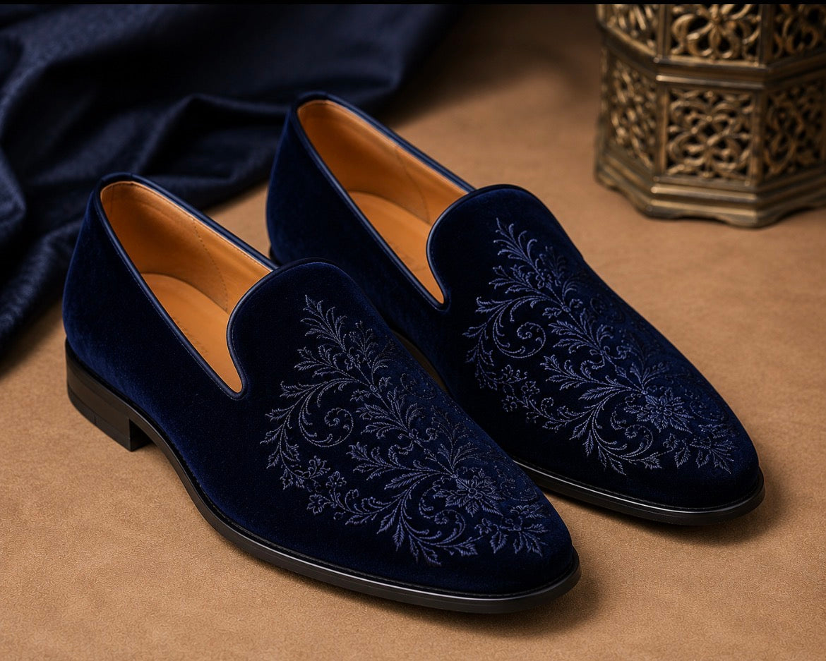 Men’s Premium Navy Blue Velvet Embroidered Loafers | Designer Wedding Slip-On Shoes for Groom & Party Wear