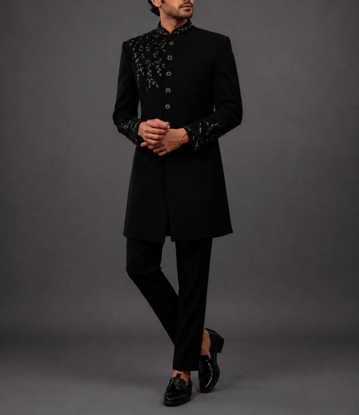 Men’s Black Embroidered Sherwani – Premium Designer Wedding & Reception Sherwani with Hand Embellished Collar & Sleeves | Luxury Ethnic Wear for Groom, Engagement & Festive Occasions