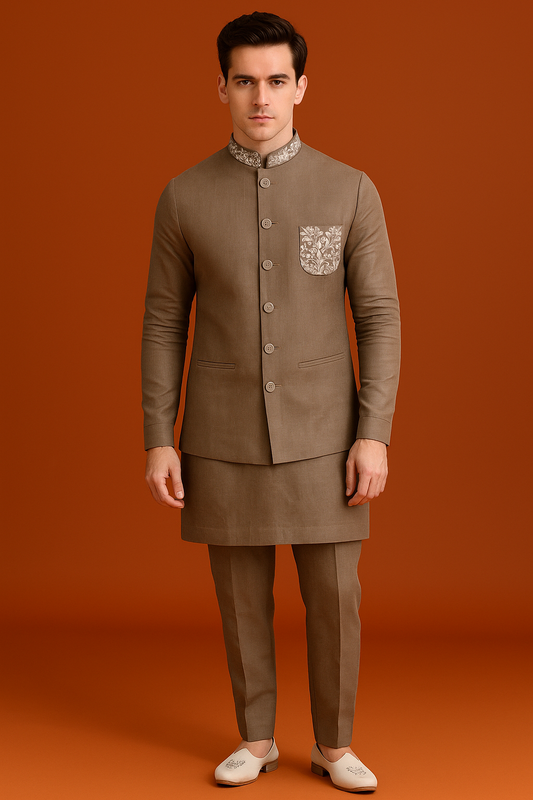 Brown Linen Bandhgala with Embroidered Detailing