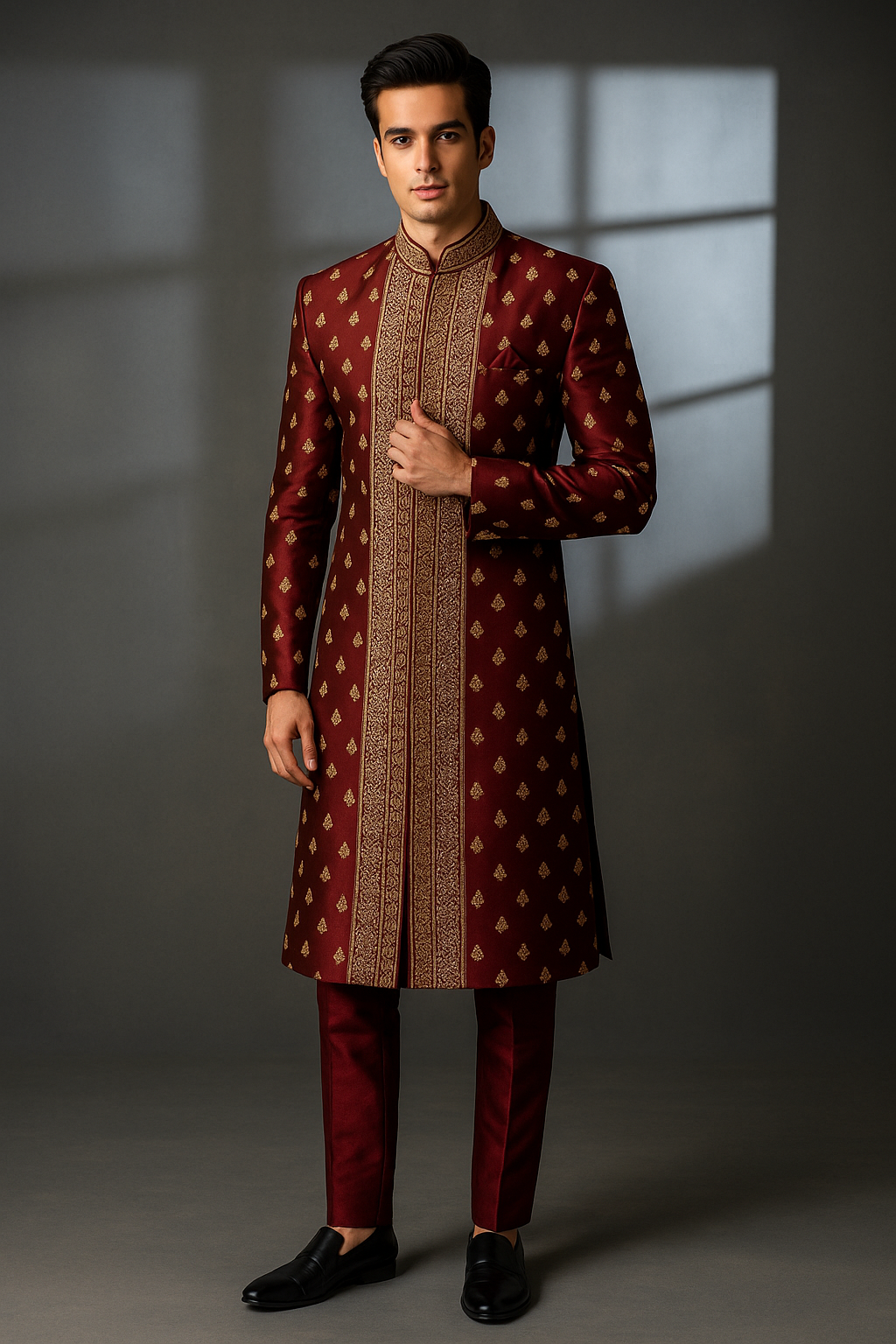 Royal Maroon Sherwani with Antique Gold Zari Embroidery