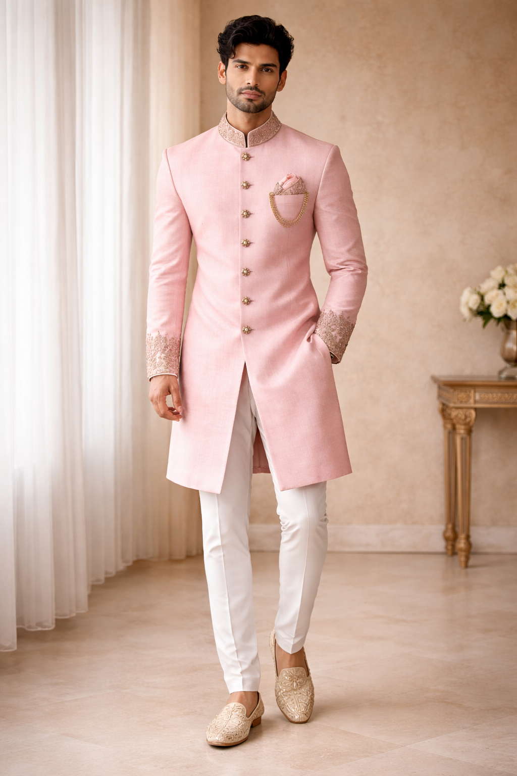 Premium Blush Pink Embroidered Sherwani for Men – Wedding & Festive Designer Indo-Western Outfit