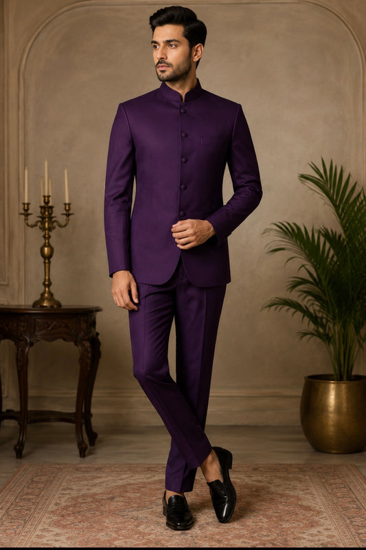 Purple Plain Bandhgala Suit for Men – Premium Tailored Wedding, Reception & Party Wear | Ihtifal