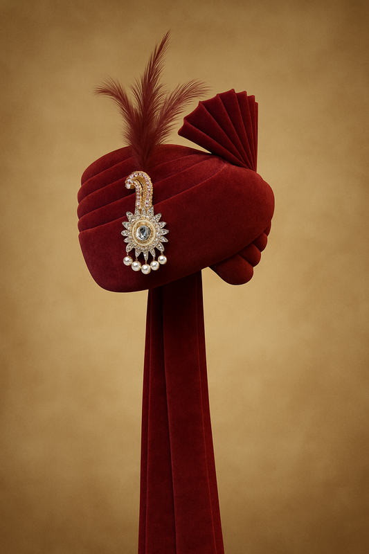 Majestic Maroon Safa with Feather & Brooch – Groom Pagdi for Wedding