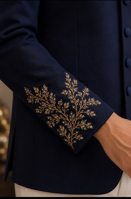 Luxury Dark Navy Blue Embroidered Bandhgala Set for Men with White Trousers | Premium Wedding & Reception Indo Western | Ihtifal
