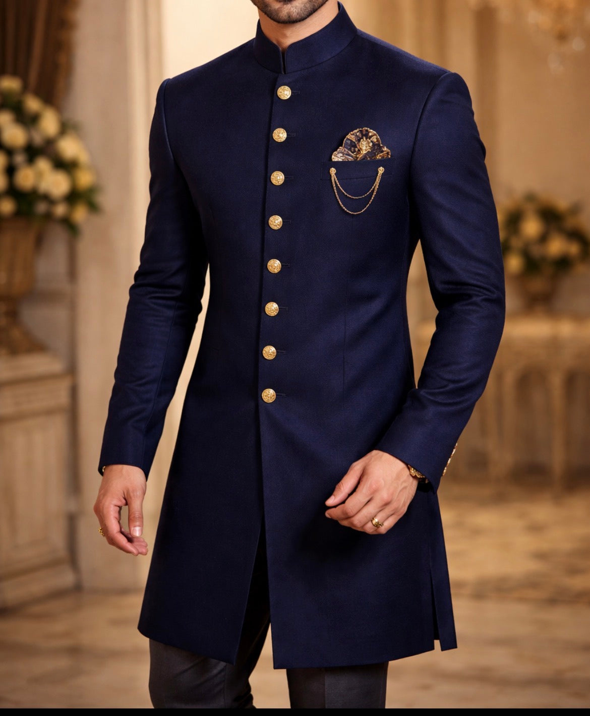 Royal Dark Navy Blue Sherwani for Men with Gold Buttons – Premium Wedding & Engagement Wear