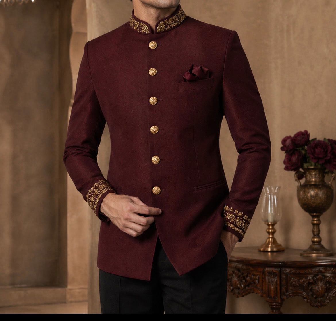 Maroon Embroidered Bandhgala for Men – Premium Wedding & Reception Wear | Ihtifal