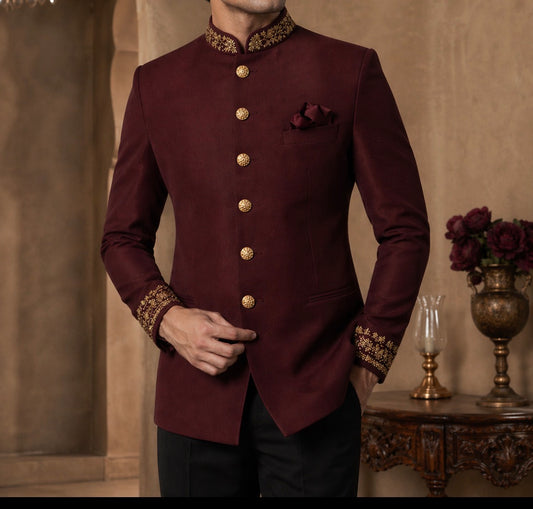 Maroon Embroidered Bandhgala for Men – Premium Wedding & Reception Wear | Ihtifal