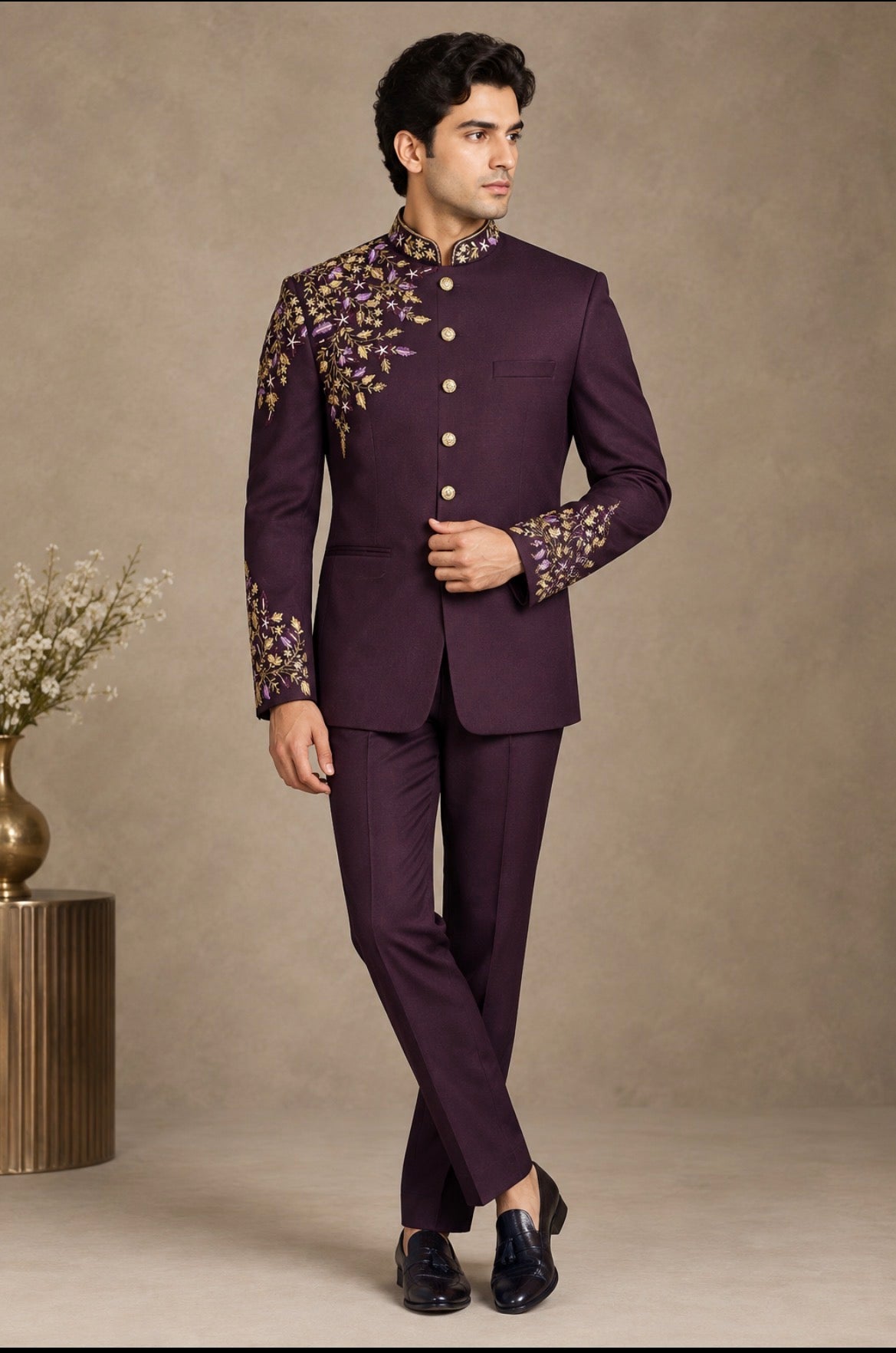 Men’s Wine Embroidered Bandhgala | Luxury Plum Wedding & Festive Jacket