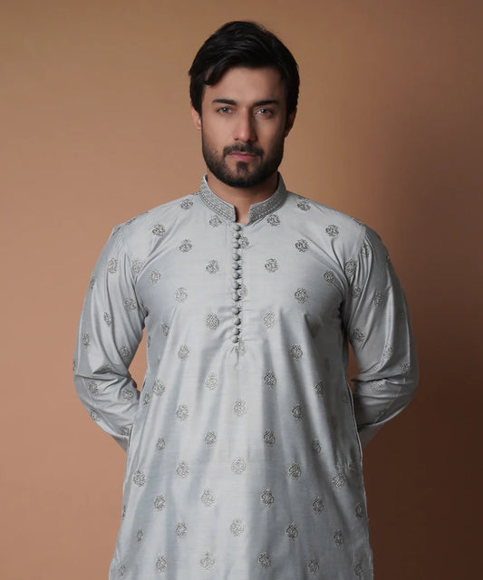 Ash Grey All Over Embroidered Kurta