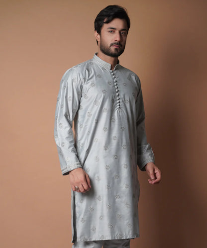 Ash Grey All Over Embroidered Kurta