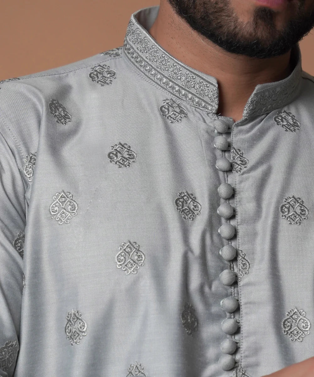 Ash Grey All Over Embroidered Kurta