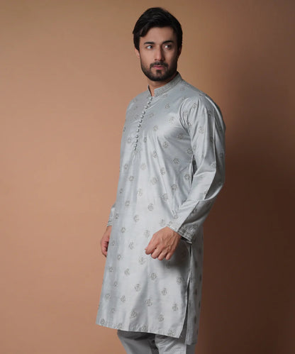 Ash Grey All Over Embroidered Kurta
