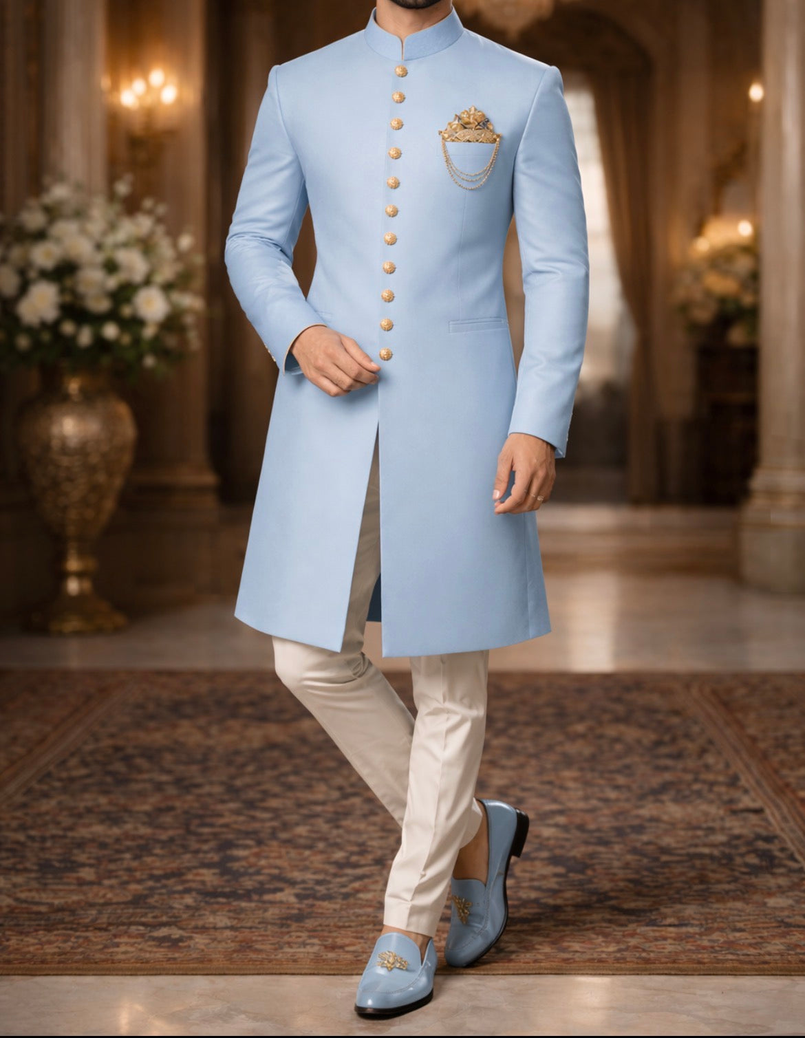 Sky Blue Plain Sherwani for Men | Premium Wedding & Reception Wear