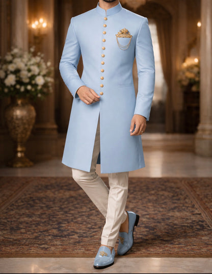 Sky Blue Plain Sherwani for Men | Premium Wedding & Reception Wear