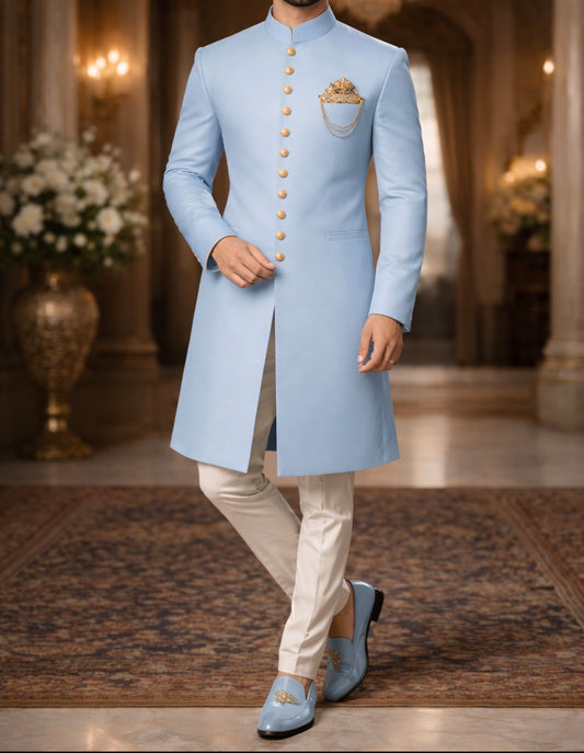 Sky Blue Plain Sherwani for Men | Premium Wedding & Reception Wear