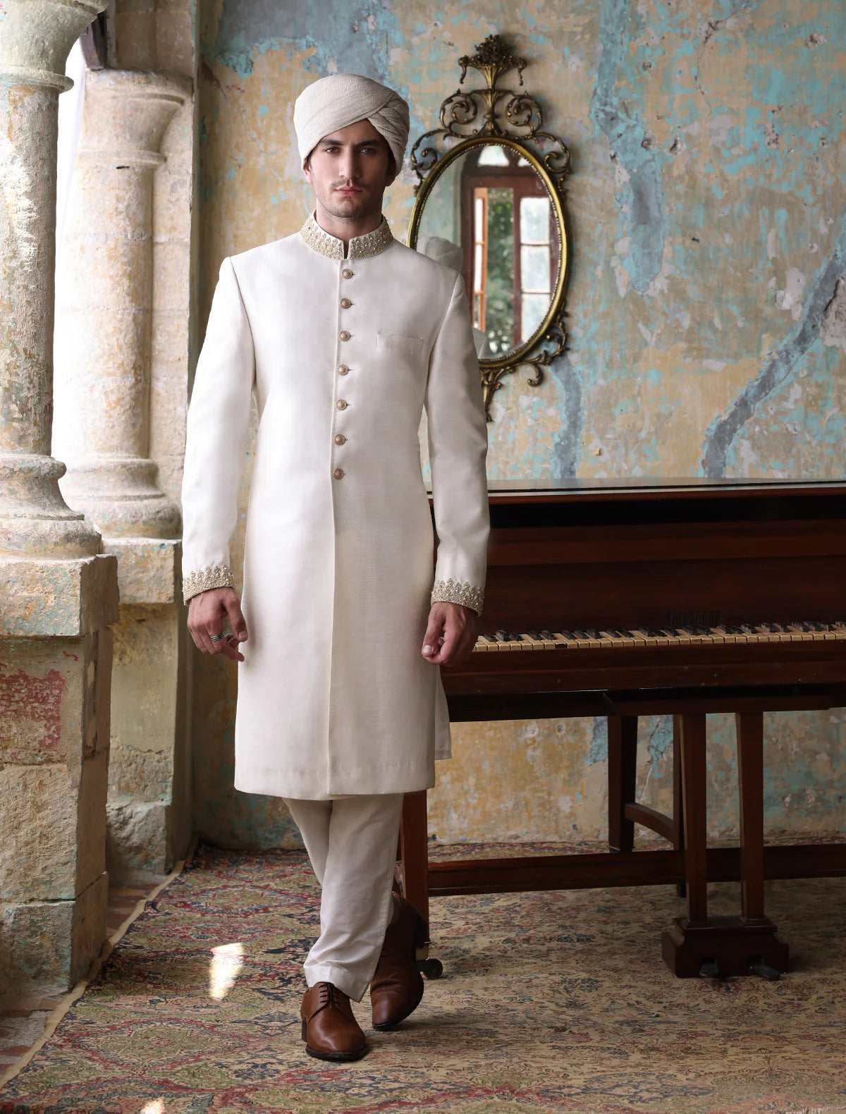 Off White Raw Silk Sherwani with Collar and Sleeve Embroidered