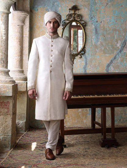Off White Raw Silk Sherwani with Collar and Sleeve Embroidered