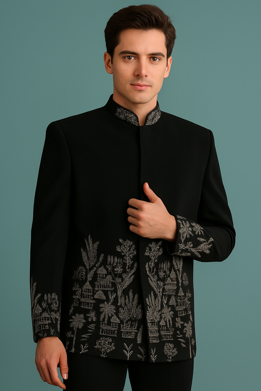 Black Bandhgala with Hand Embroidery Designer Wedding & Festive Wear