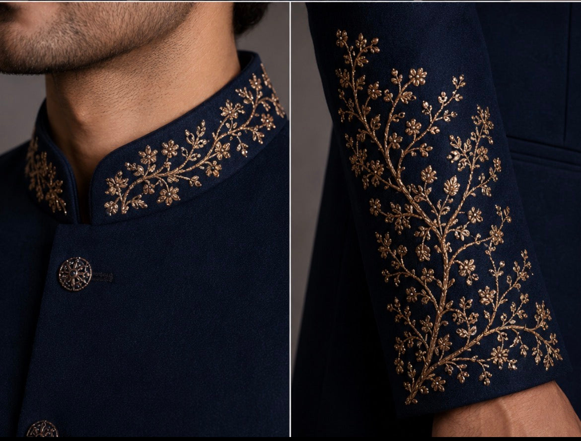 Navy Blue Embroidered Sherwani