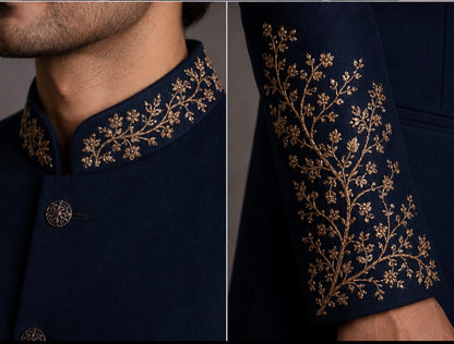 Navy Blue Embroidered Sherwani