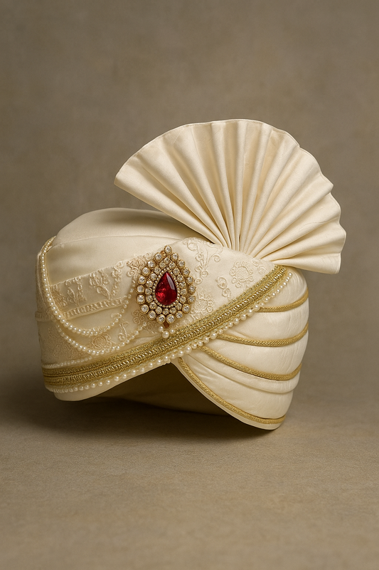 White Wedding Safa with Gold Embroidery & Ruby Brooch | Royal Groom Turban for Sherwani