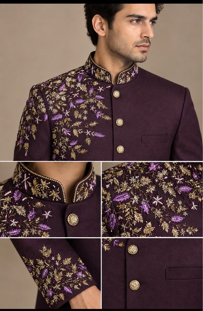 Men’s Wine Embroidered Bandhgala | Luxury Plum Wedding & Festive Jacket