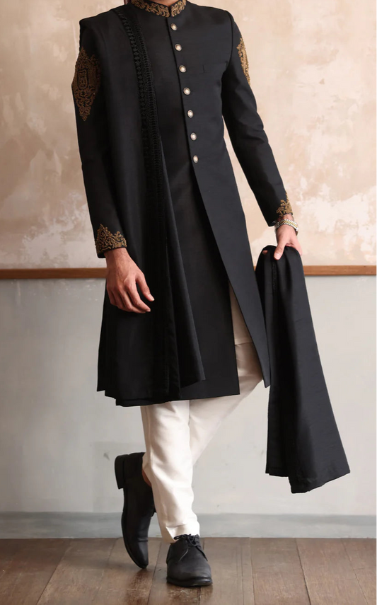 Black Raw Silk Hand Embroidered Sherwani