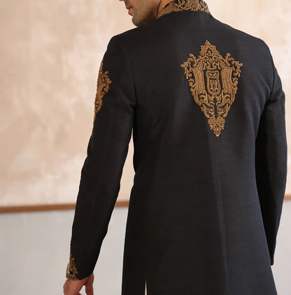 Black Raw Silk Hand Embroidered Sherwani