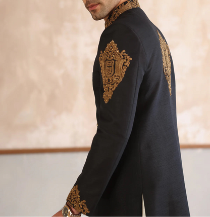 Black Raw Silk Hand Embroidered Sherwani
