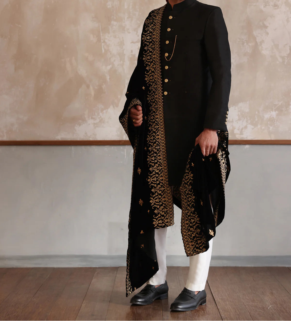 Black Raw Silk Short Length Sherwani