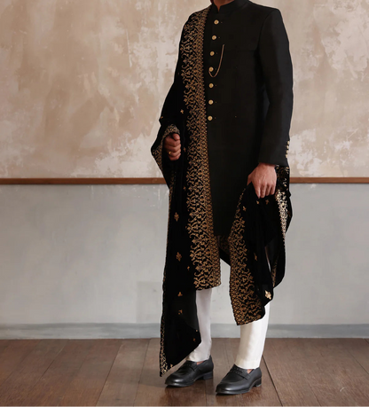 Black Raw Silk Short Length Sherwani