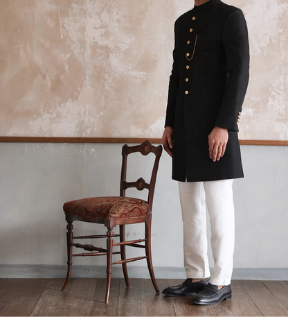 Black Raw Silk Short Length Sherwani