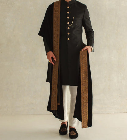 Black Raw Silk Short Length Sherwani