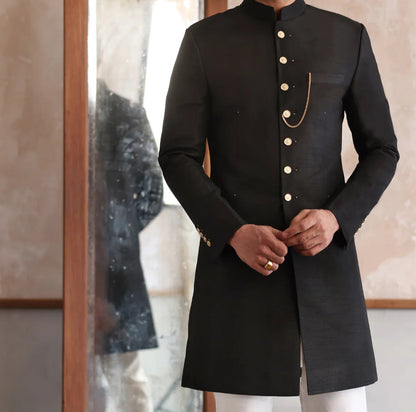 Black Raw Silk Short Length Sherwani