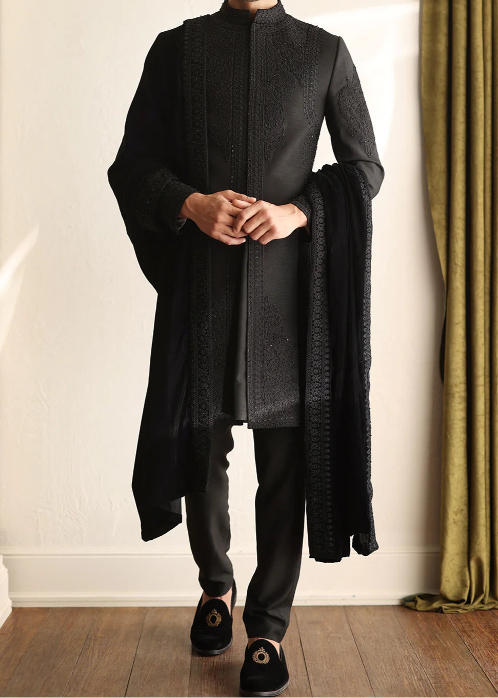 Black Self Embroidered Short Length Sherwani