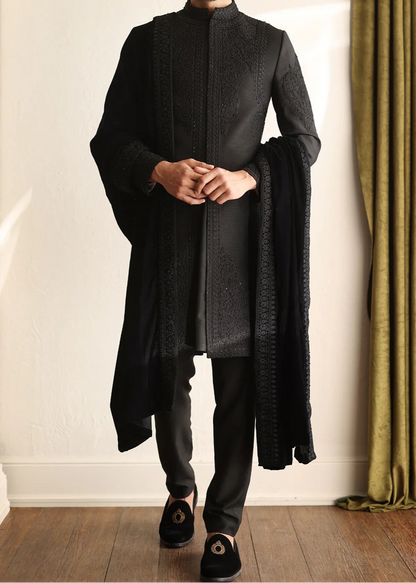 Black Self Embroidered Short Length Sherwani