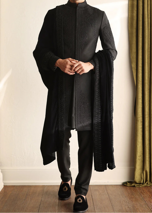 Black Self Embroidered Short Length Sherwani