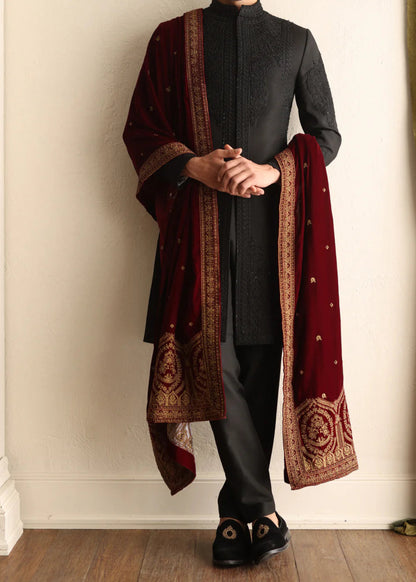 Black Self Embroidered Short Length Sherwani